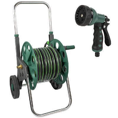 Garden King Cărucior cu tambur mobil pentru grădină cu furtun PROFI + Furtun de grădină 1/2" 25 m SUPERTECH + Pistol de stropit cu 7 funcții