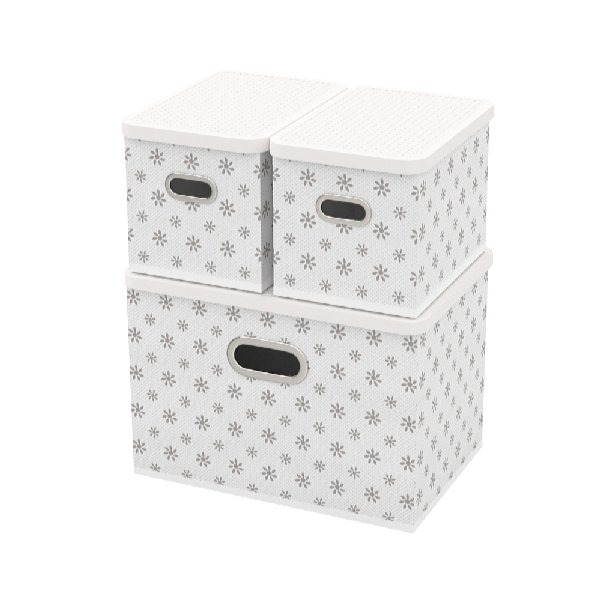 HomeLife Cutie de depozitare cu capac, set de 3 bucăți - flori albe