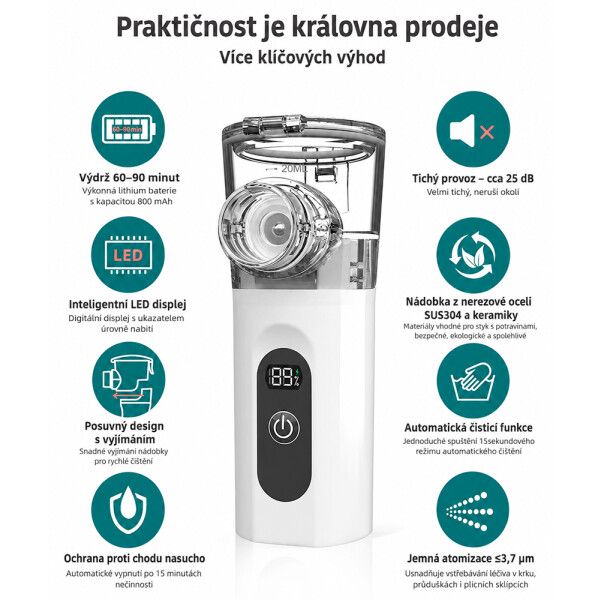 Wellife Inhalator cu ultrasunete portabil cu afișaj digital TZ-W12 - nebulizator