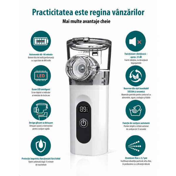 Wellife Inhalator cu ultrasunete portabil cu afișaj digital TZ-W12 - nebulizator